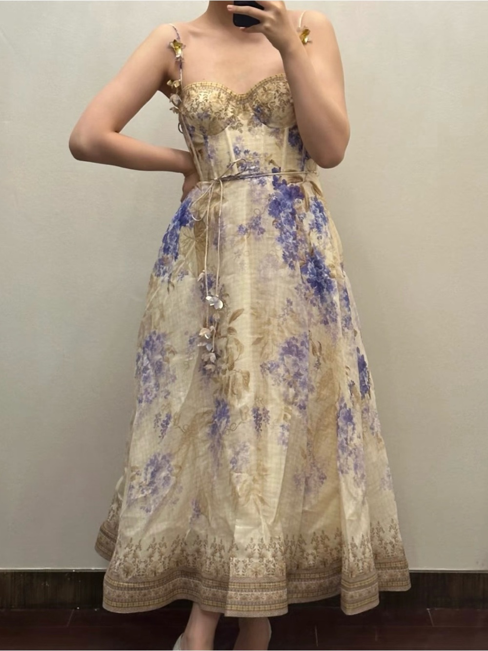 Zimmermann Floral Gold & Lavender Midi Dress with Corset Bodice